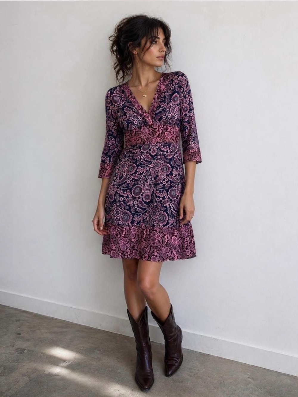 Vintage WD.NY Silk Paisley Floral Dress Empire Waist Boho Retro 70s babydoll 10